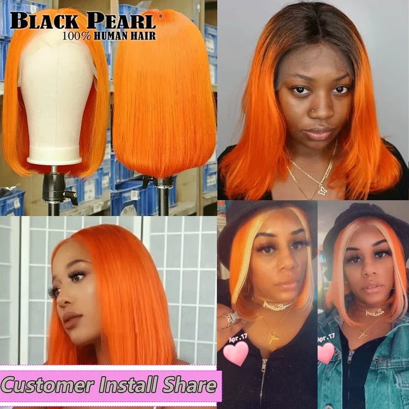 Black Pearl Lace Front Human Hair Wig Short Straight Bob Glueless Wig for Easy Styling