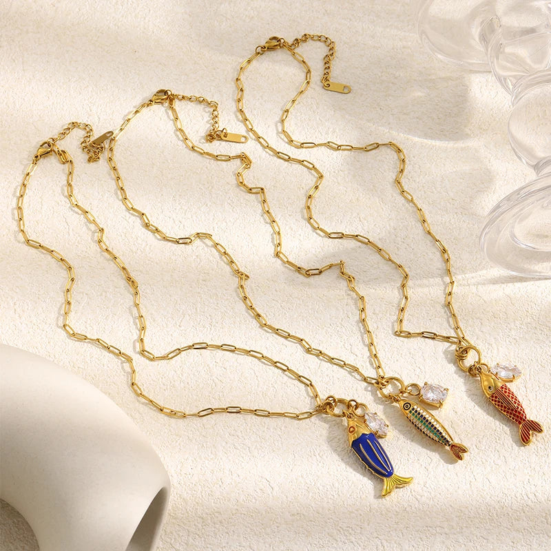 Vintage Fish Pendant Necklace Zircon Oil Drop Charm Jewelry Tarnish-Free
