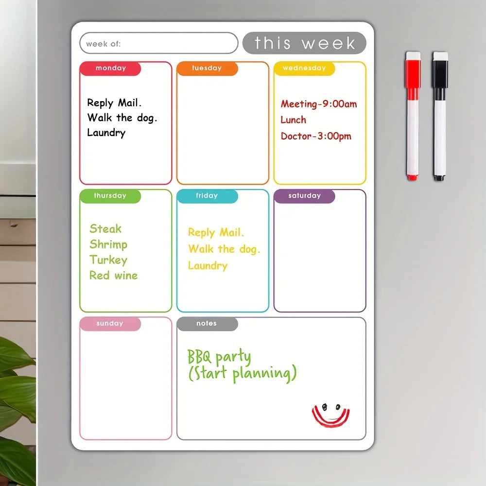 Magnetic Weekly Planner Erasable Fridge Calendar Whiteboard with Markers - Home & Office Organizer