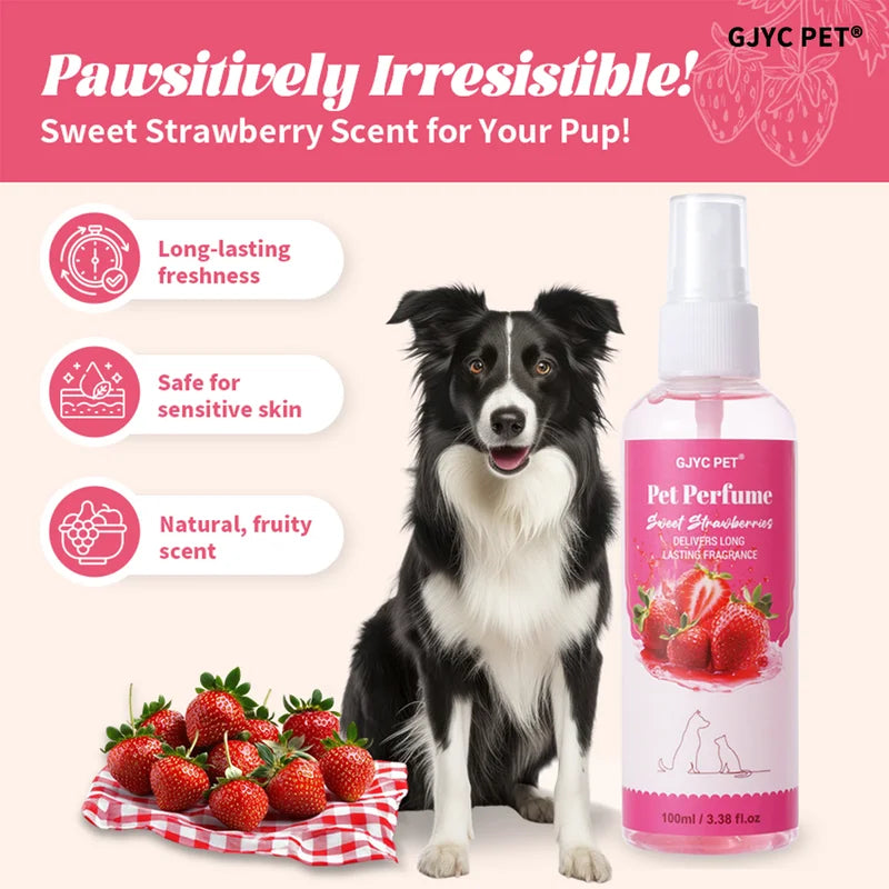 Pet Perfume Spray 100ml Sweet Strawberry Scent Long-Lasting Odor Neutralizer - Alcohol-Free, Fragrance & Odor Eliminator for Pets