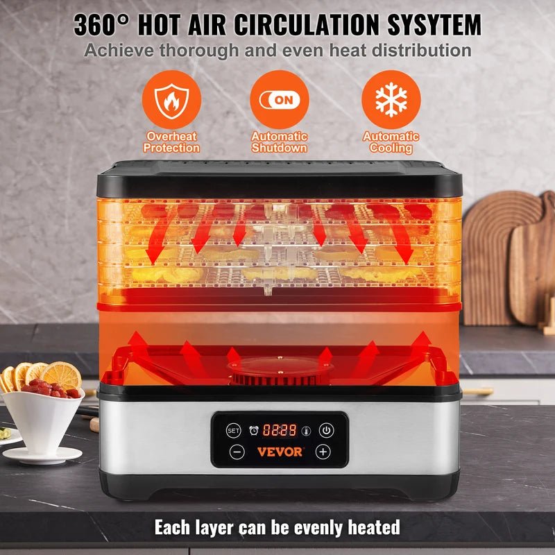 5-Tray Food Dehydrator Machine 300W Stainless Steel Digital Timer & Temperature