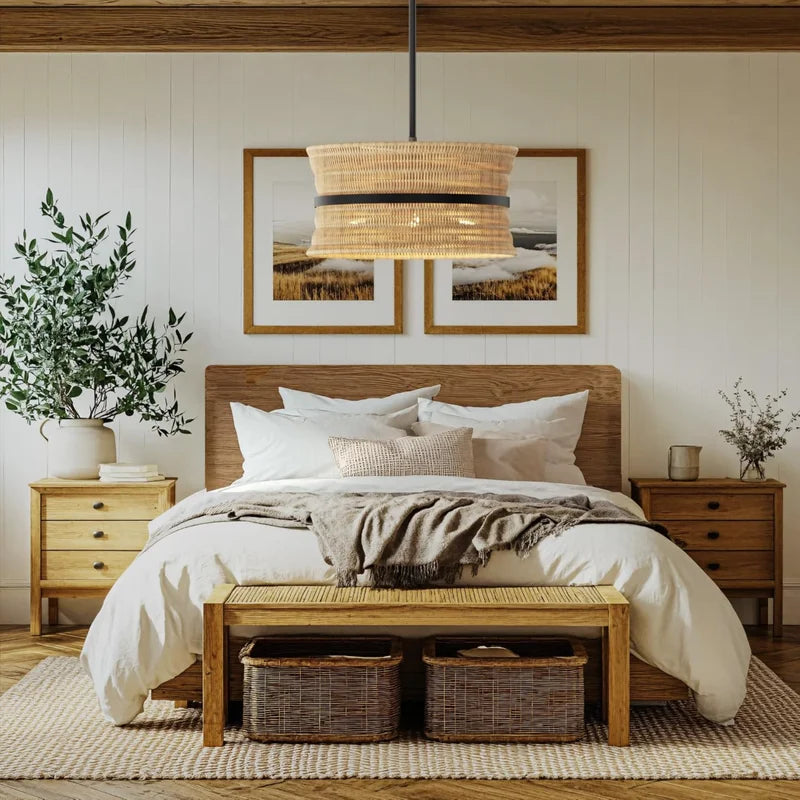 Wicker Boho Chandelier - 4-Light Rattan Pendant Light for Dining & Living