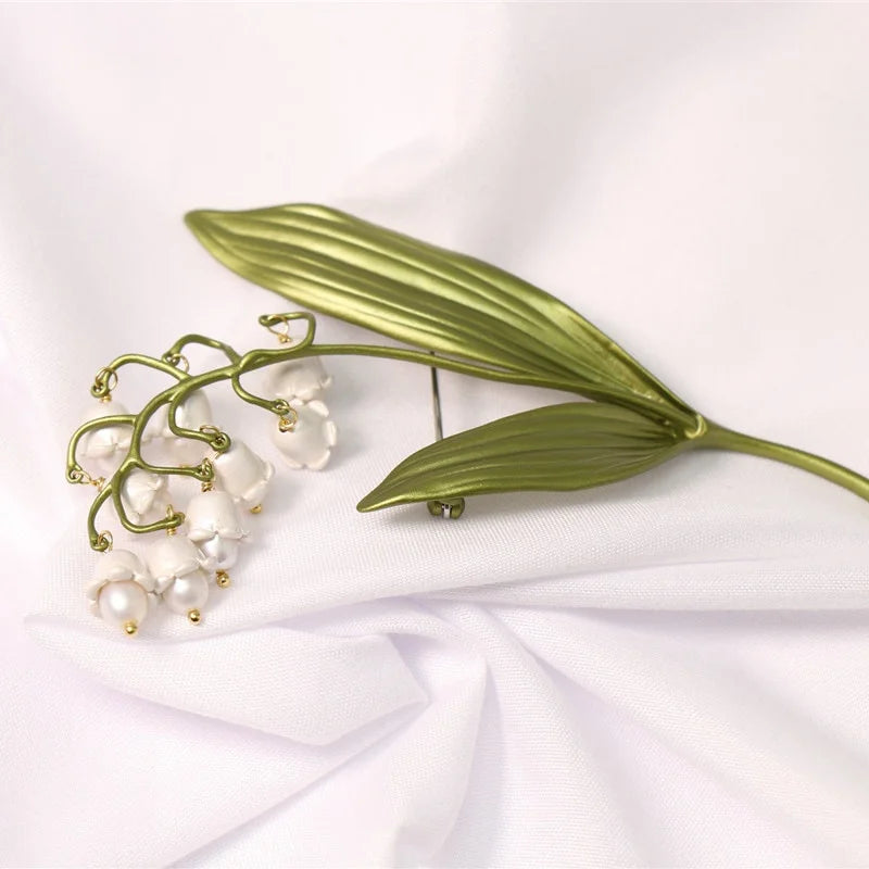 Pastoral Style Lily of The Valley Pearl Brooch Green Leaf Plant Jewelry