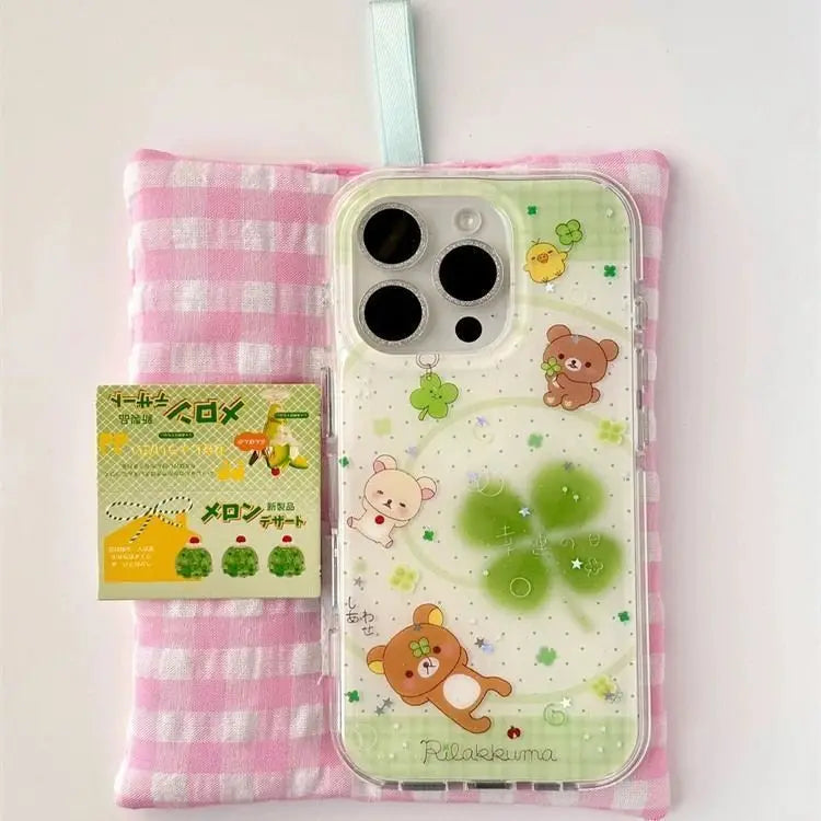 Cute Rilakkuma Four-Leaf Clover Phone Case - Protective Cover for iPhone 11-17 Pro Max