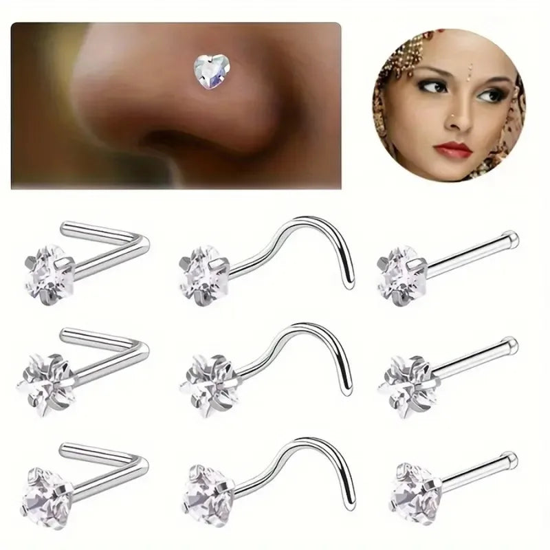 3-Piece Heart Star Zirconia Nose Stud Set - Stainless Steel Nostril Jewelry for Women Girls