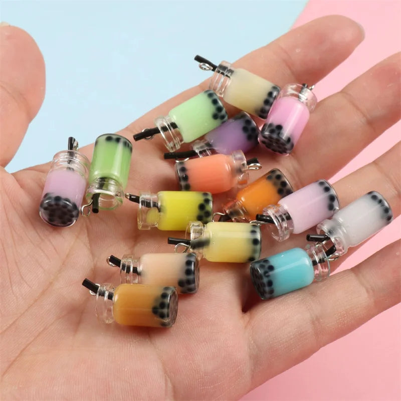 20pcs Colorful Milk Tea Fruit Bottle Charms Glass Pendants Jewelry Findings