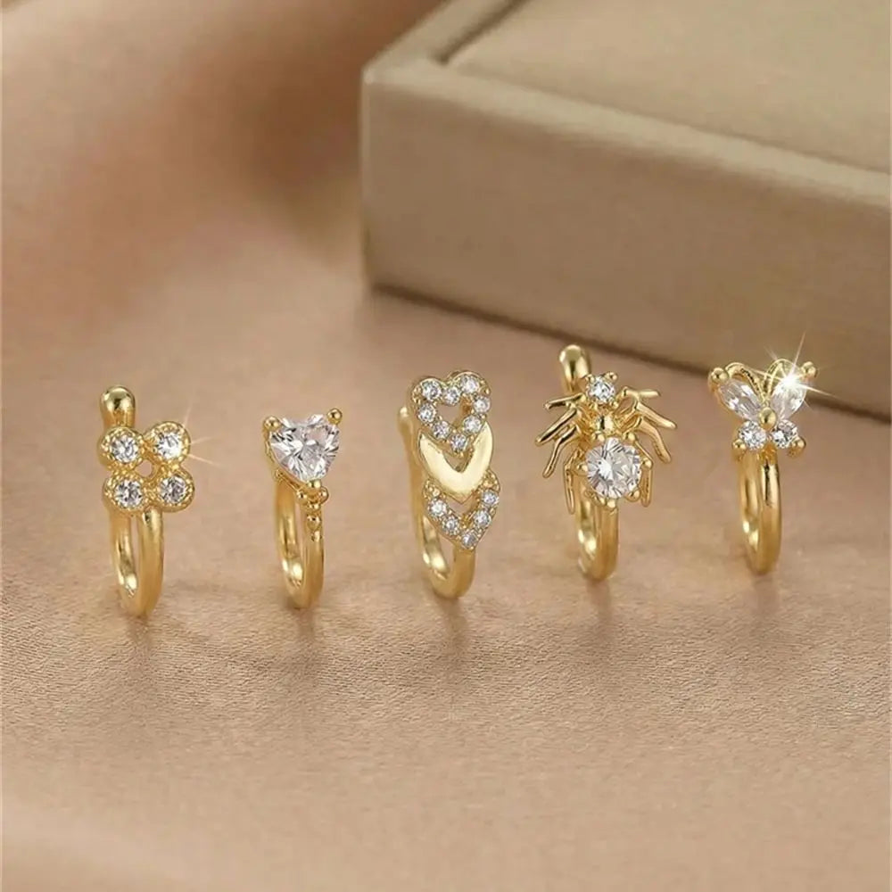 5Pcs Faux Nose Clip Set Heart Clover Spider Design Fashion Accessories