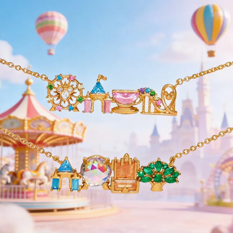 Colorful Zircon Pendant Necklace for Girls - Amusement Park Castle & Vegetable Charm Jewelry Gift