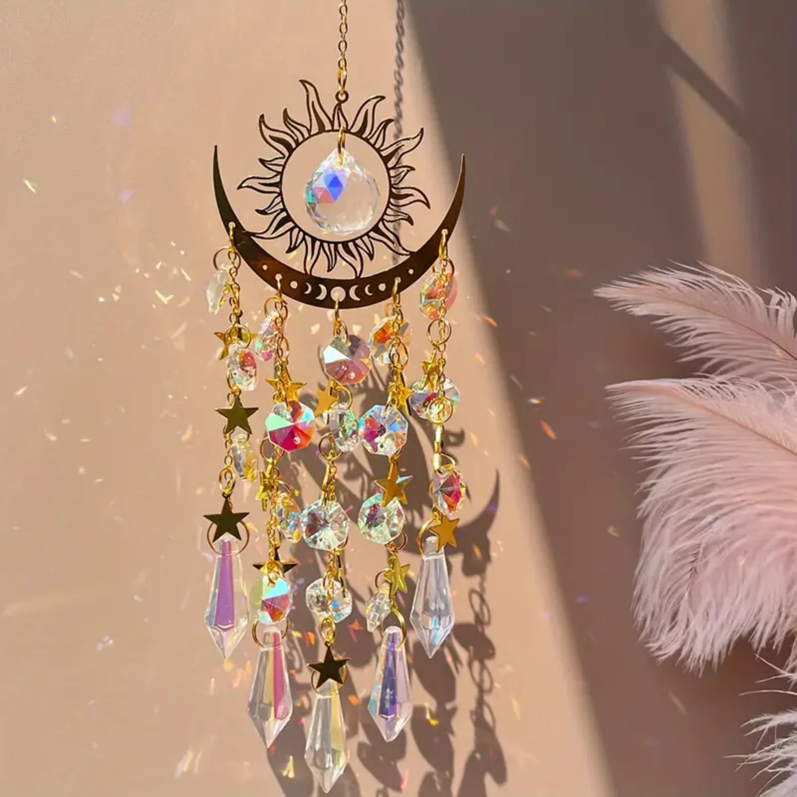 Gold Star Moon Outdoor Wind Chime Garden Sun Catcher Holiday Decor