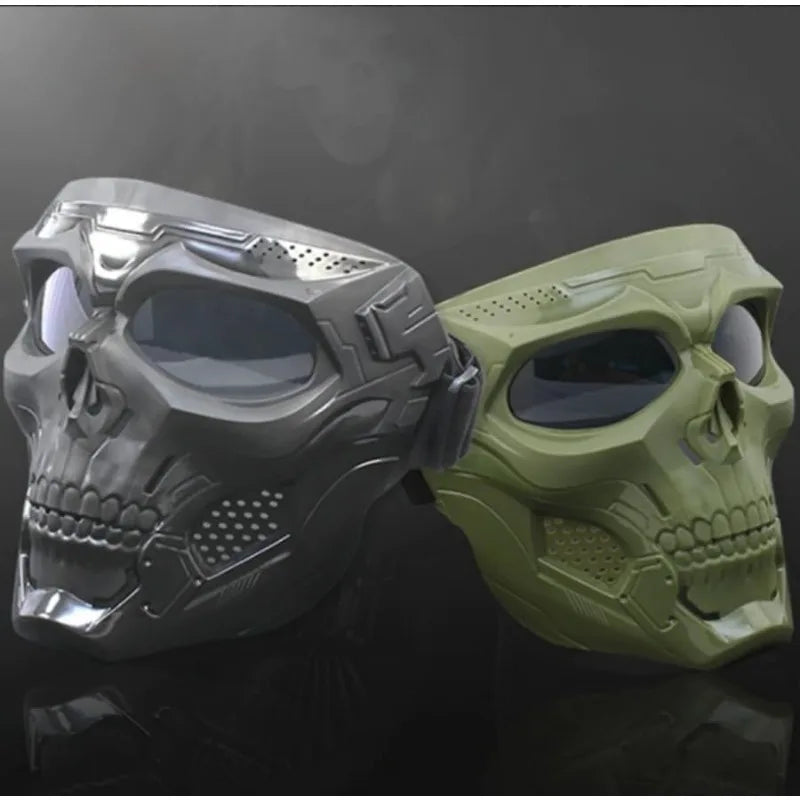 Windproof Full Face Skull Mask with Colored Goggles - Skeleton Cosplay Costume