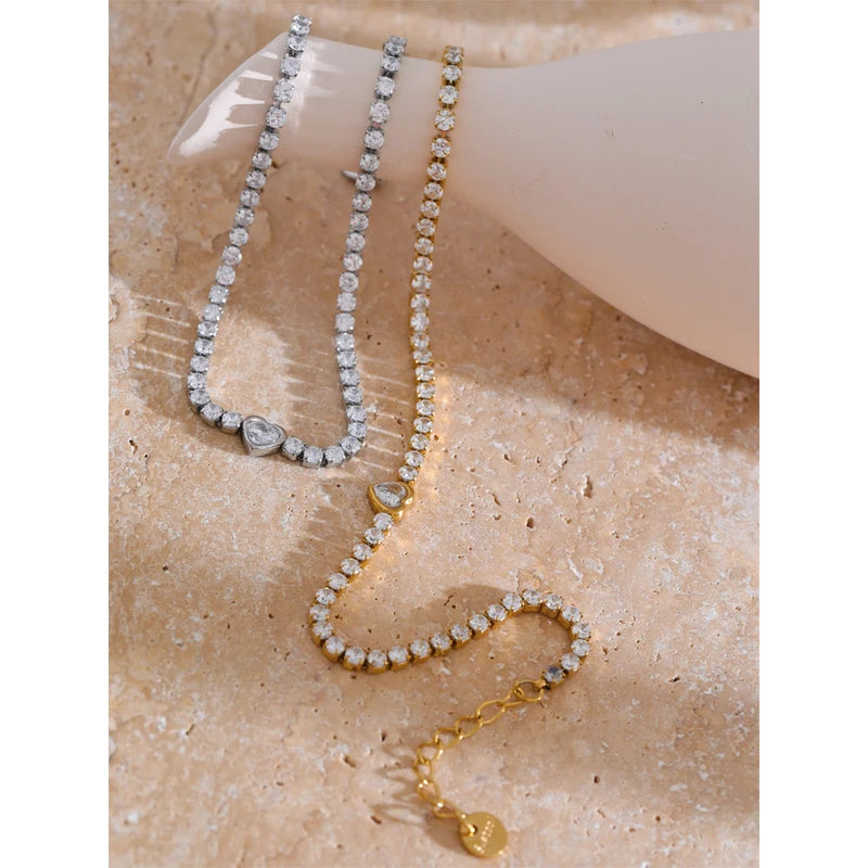 Delicate Heart Chain Bracelet Bangle with Cubic Zirconia Stainless Steel Jewelry