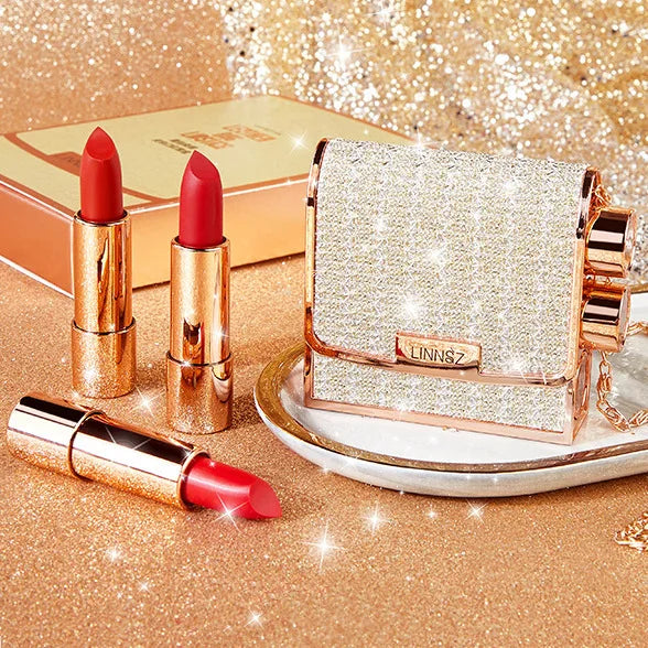 Matte Lipstick Set with 3 Colors, Waterproof & Long Lasting - 3.5g Each with Silver Chain Bag