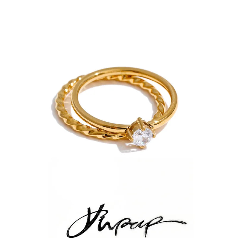 Double-Layer Zircon Finger Rings Set for Women – Stainless Steel Jewelry Collection