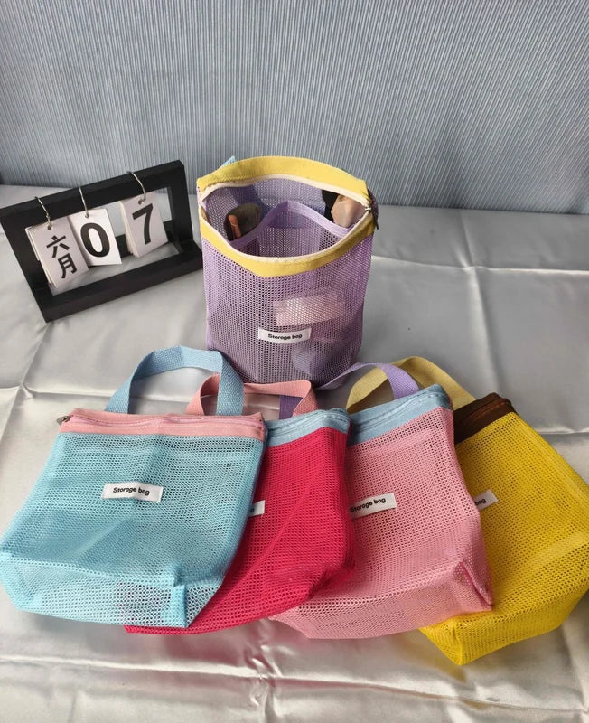 Vibrant Summer Mesh Tote Bag - Foldable Portable Cosmetic & Beach Bag