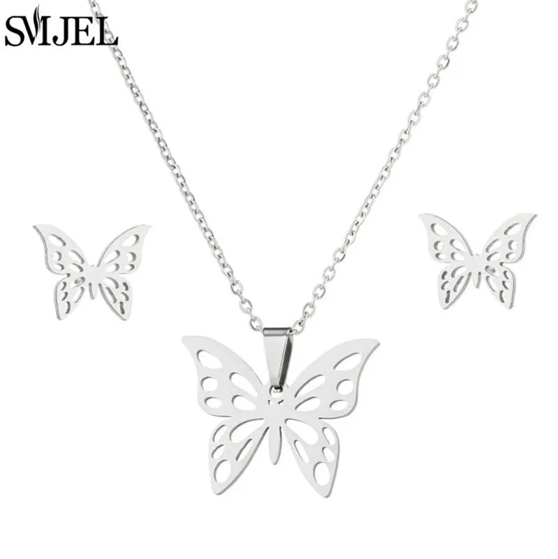 Korea Style Stainless Steel Jewelry Sets with Butterfly & Bee Pendants for Women Summer Beach Wedding Gift
