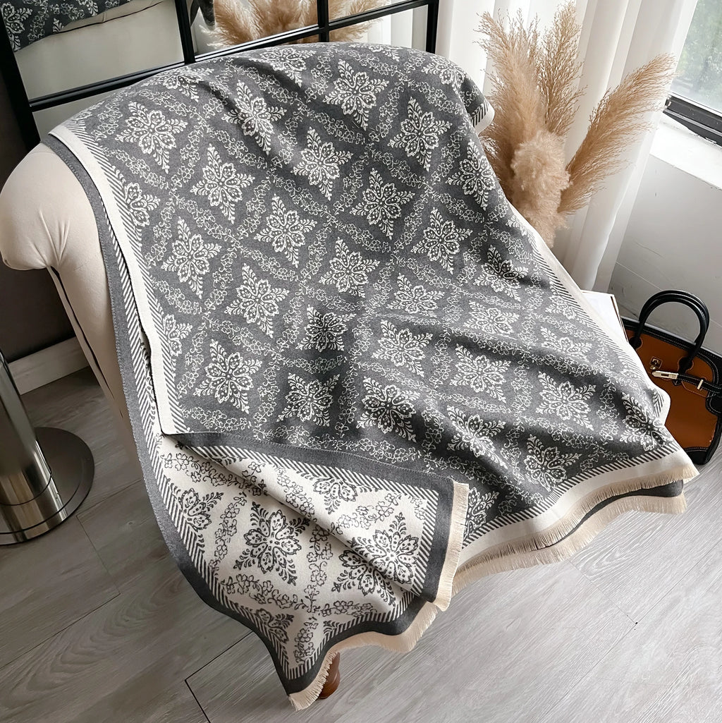 Luxury Ethnic Style Two-Sided Pashmina Scarf with Fringe - Soft Warm Winter Shawl