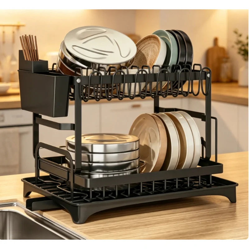 Large Capacity 2-Tier Metal Dish Rack with Drain Tray - Kitchen Organizer