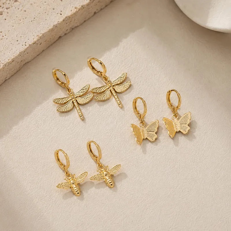 Stainless Steel Animal Dangle Earrings for Women - Gold Plated Butterfly & Dragonfly Jewelry