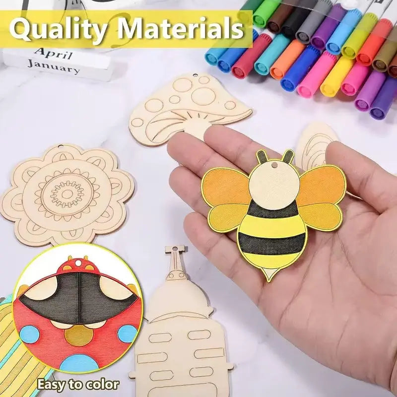 Kids Wooden Craft Kit with Paint Pens and Stickers - DIY Plant & Insect Shapes for Family Art & Garden Decor