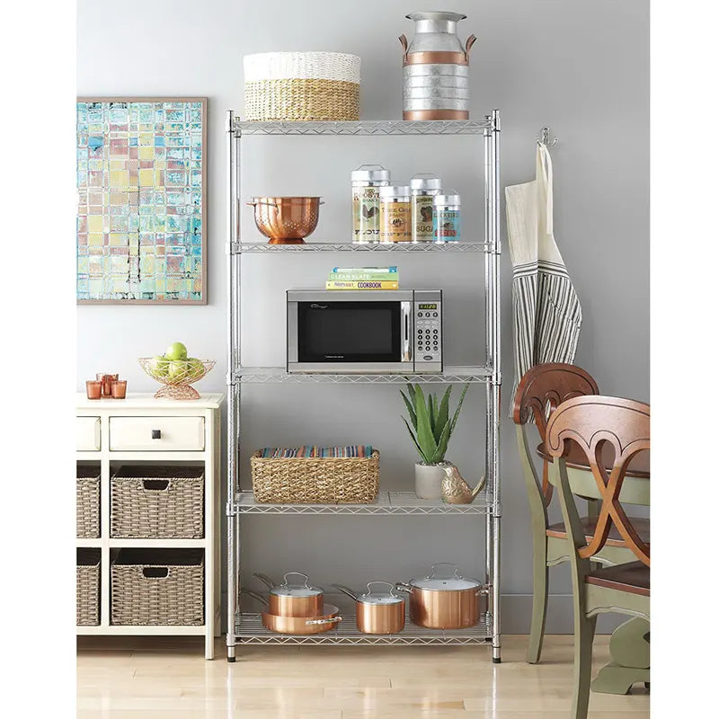 5-Tier Metal Wire Storage Shelves with Chrome Finish for Kitchen & Living Room