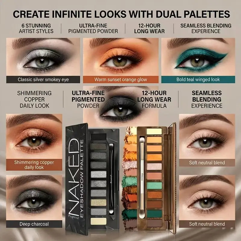 12-Color Eyeshadow Palette with 8 Makeup Brushes - Smoky & Warm Tones, Long Wear