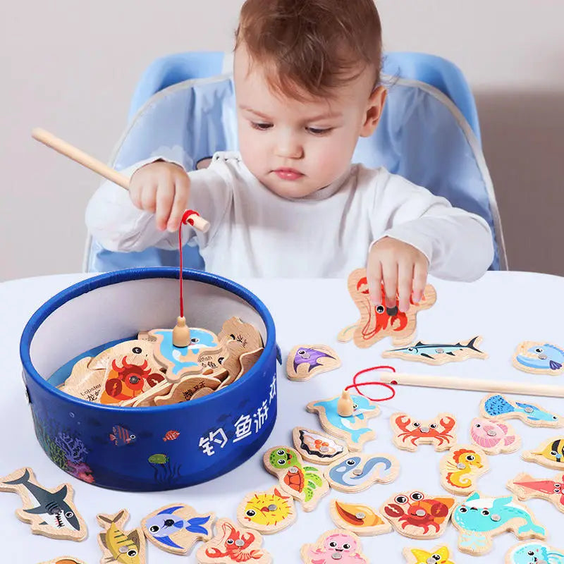 Wooden Magnetic Fishing Toys for Children Marine Life Learning Interactive Baby Game