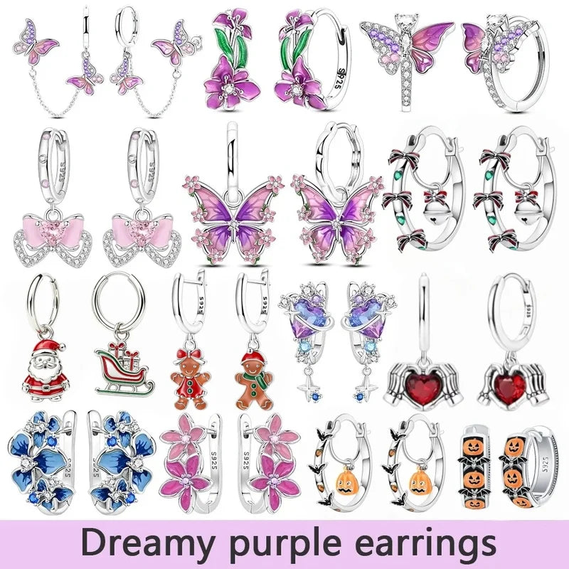 925 Silver Pastel Violet Sparkling Bowknot Hoop Earrings for Women Gift