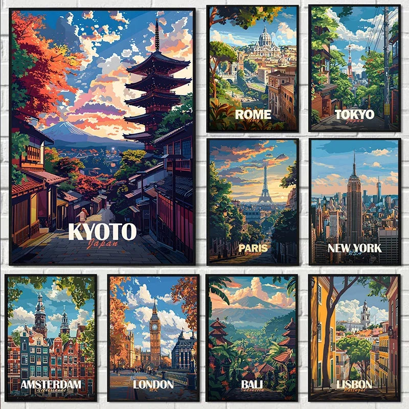 Oil Painting by Numbers City Travel Posters - New York, Kyoto Home Decor