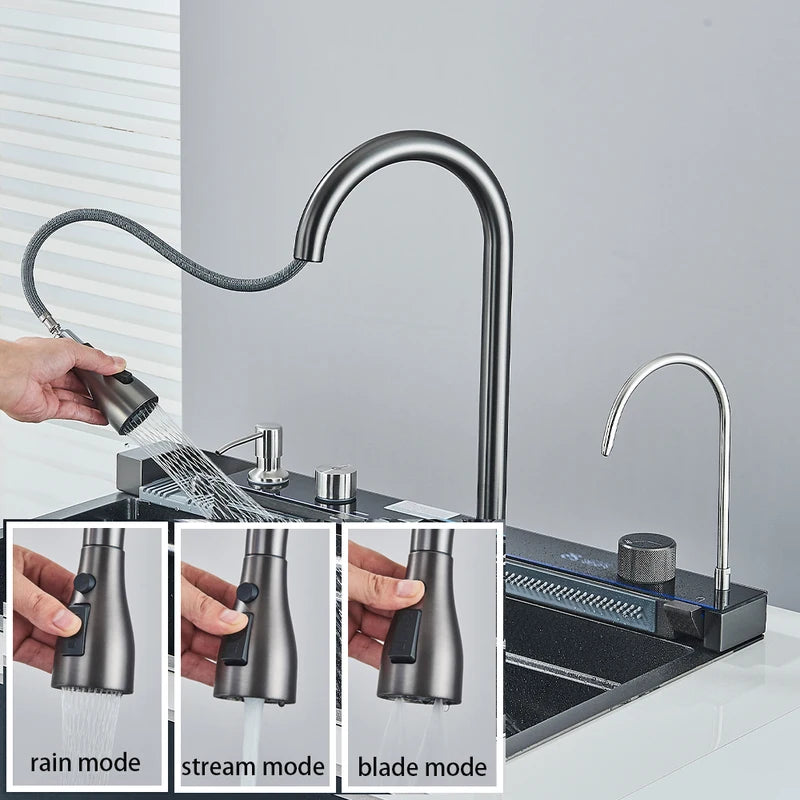 Large Stainless Steel Kitchen Sink with Digital Display and Touch Waterfall Faucet