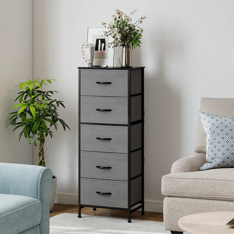 5-Drawer Fabric Storage Cabinet with Wooden Top - Tall Closet Organizer