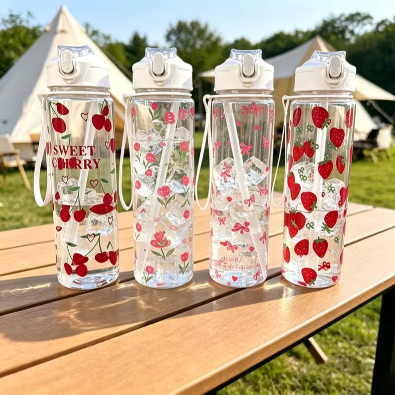 750ML Cute Strawberry Floral Cherry Bow Tumbler with Handle & Leak-Proof Lid