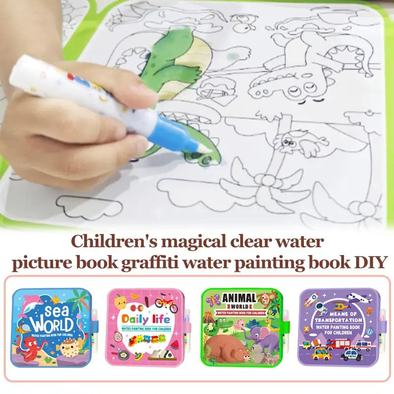 Kids Reusable Water Painting Book with Pen - Animal & Sea World Educational Drawing Pad