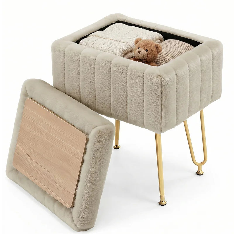Faux Fur Vanity Stool with Hidden Storage and Adjustable Metal Legs