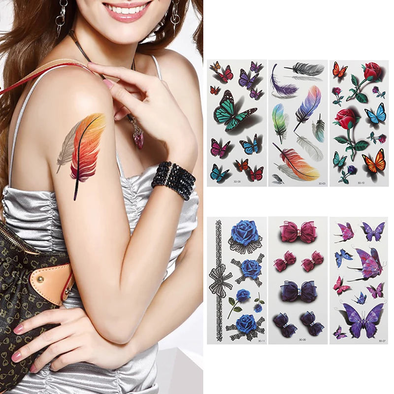 Temporary Tattoo Sticker Set for Women - Waterproof 3D Butterfly Rose Feather Body Art