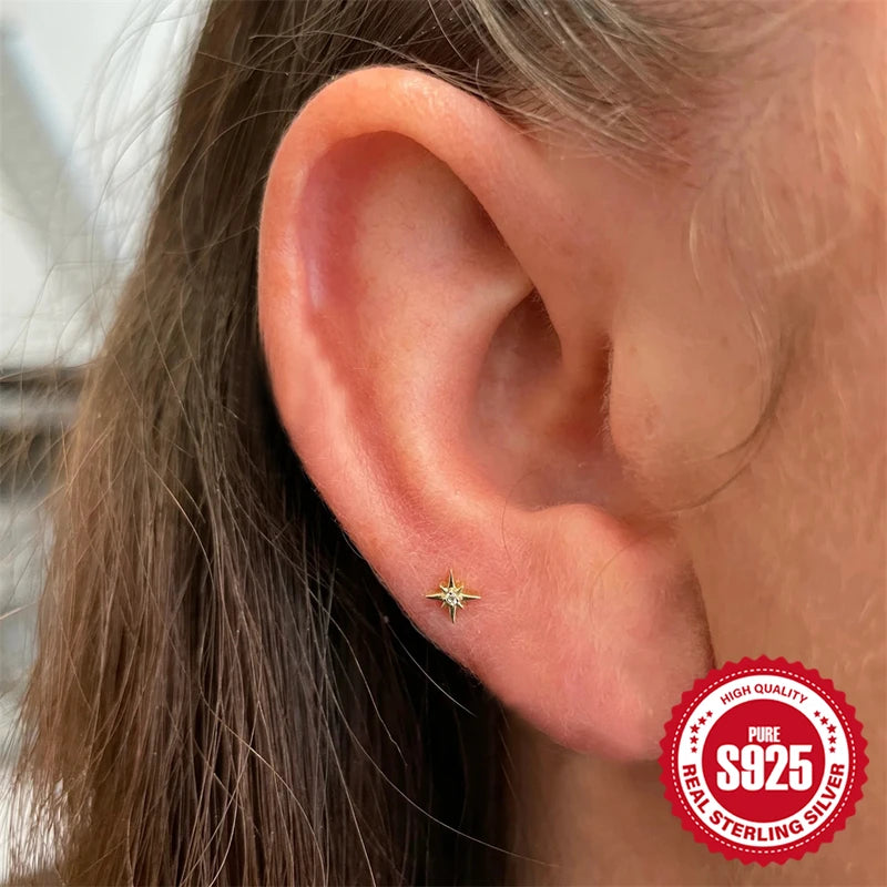 Sterling Silver Star Stud Earrings 5/6/8mm Cartilage Helix Piercing Jewelry
