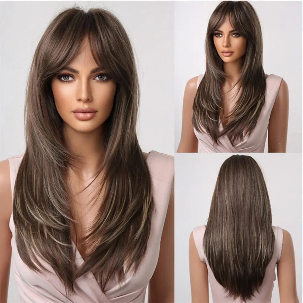 Long Synthetic Wigs with Layered Straight Hair and Highlighted Style - Unisex Daily Wear