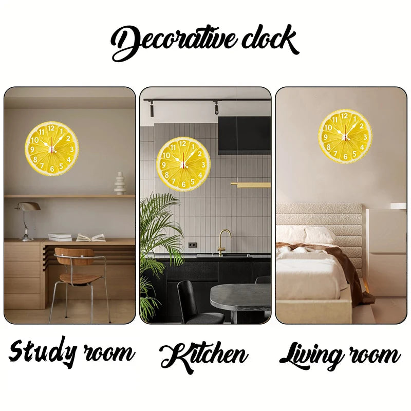 Lemon-Themed Wooden Wall Clock - Silent Hanging Round Decor for Living Room Office Bedroom