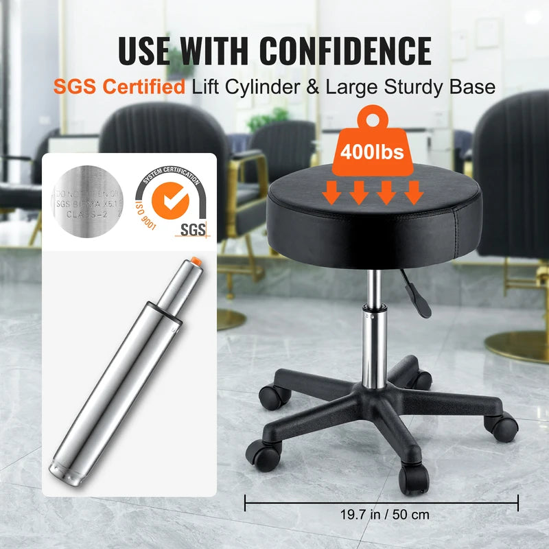 Adjustable Rolling Stool with Swivel Casters 40cm Seat for Office & Salon