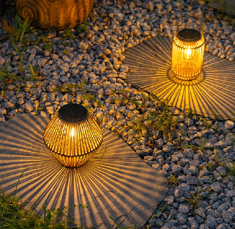 Outdoor Solar Lanterns Boho Rattan Hanging Lights for Garden Patio Yard