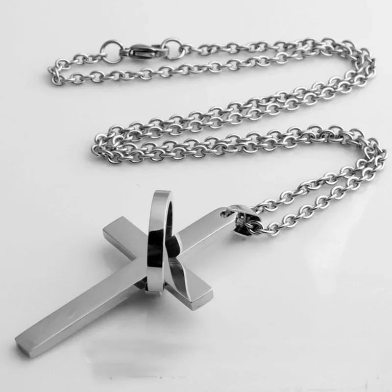Simple Cross with Circle Pendant Necklace Unisex Stainless Steel Chain Jewelry