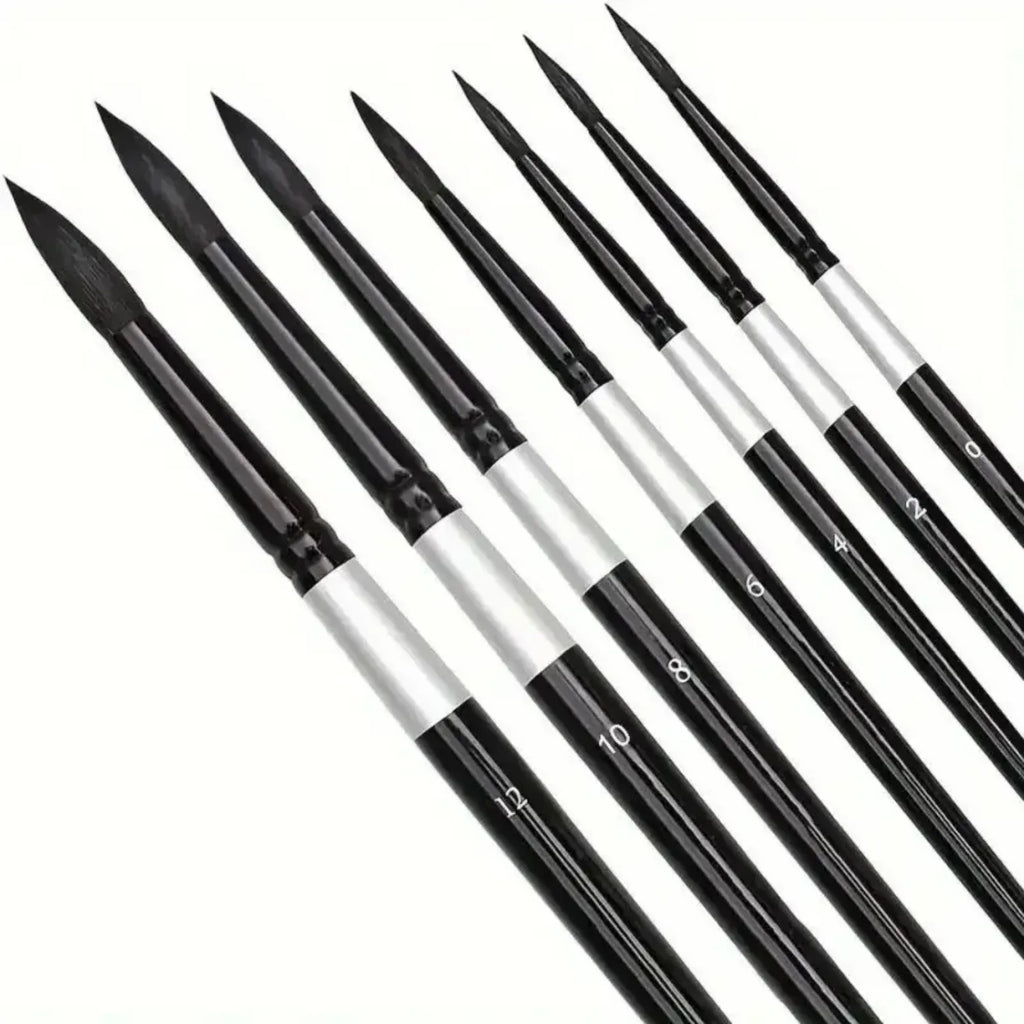 7Pcs Squirrel Hair Watercolor Brush Set - Round Pointed Tips for Artists