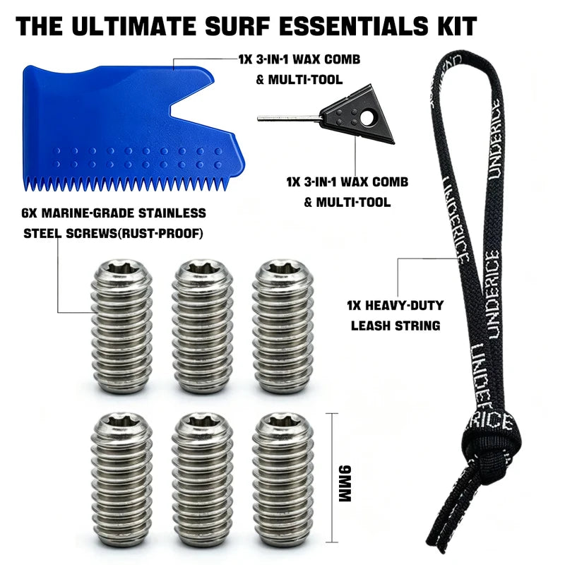 Surfboard Wax Comb Kit with Fin Key and Stainless Steel Screws - All Accessories Included