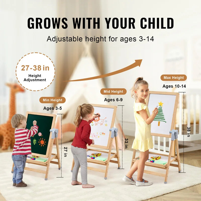 Children's Magnetic Drawing Board Easel with Painting Accessories - Double-Sided Kids Art Set, Adjustable Height