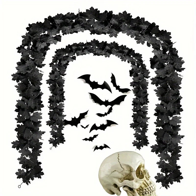 Black Maple Leaf Garland - Gothic Vampire Bat Hanging Vine Decor for Halloween & Thanksgiving