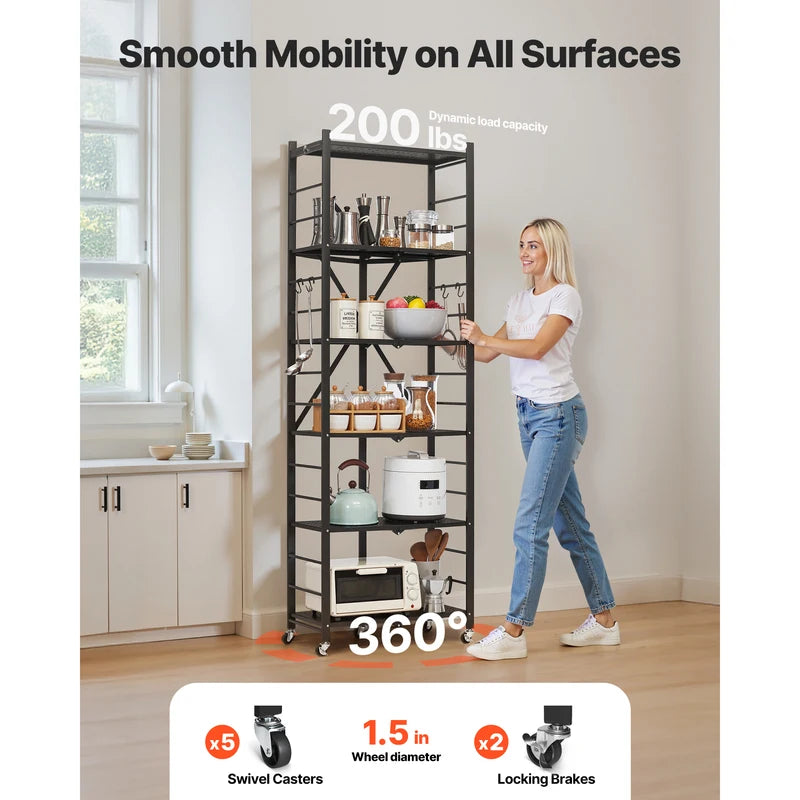 Foldable Mobile Storage Shelf with Wheels & Hooks, Space-Saving Organizer for Kitchen & Home