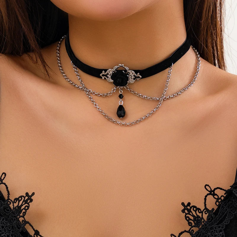 Black Cotton Rope Choker Necklace for Women Gothic Jewelry Tassel Link Chain 2024