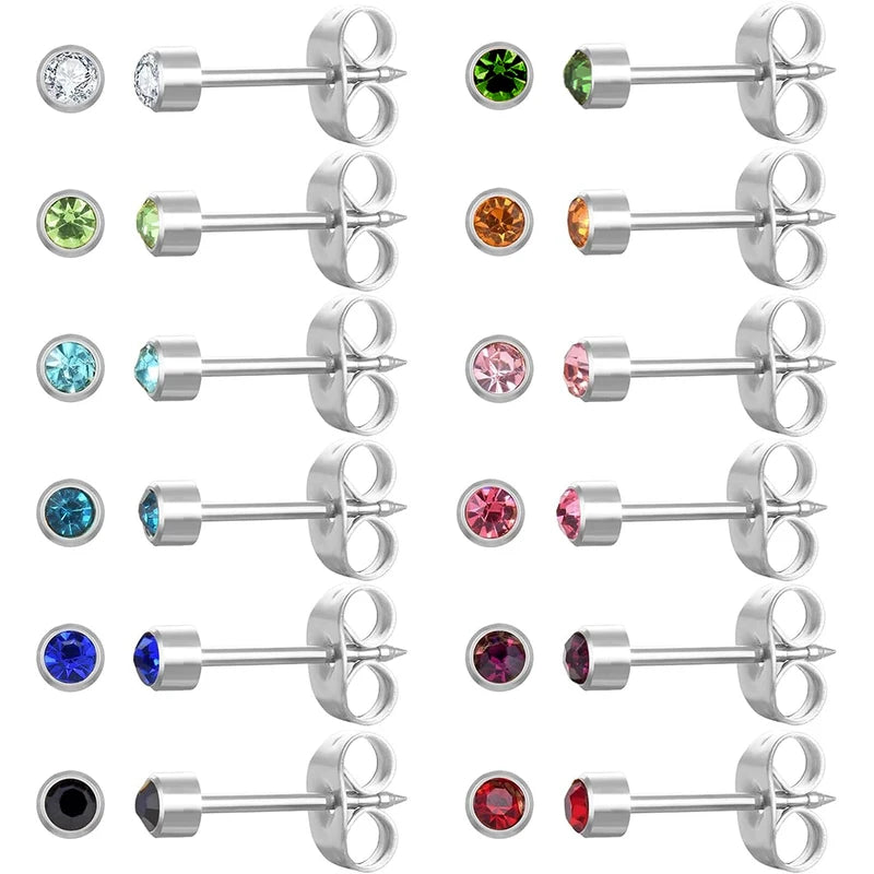 12 Pairs Multicolor Birthstone Ear Piercing Stud Earrings for Ear Piercing Guns