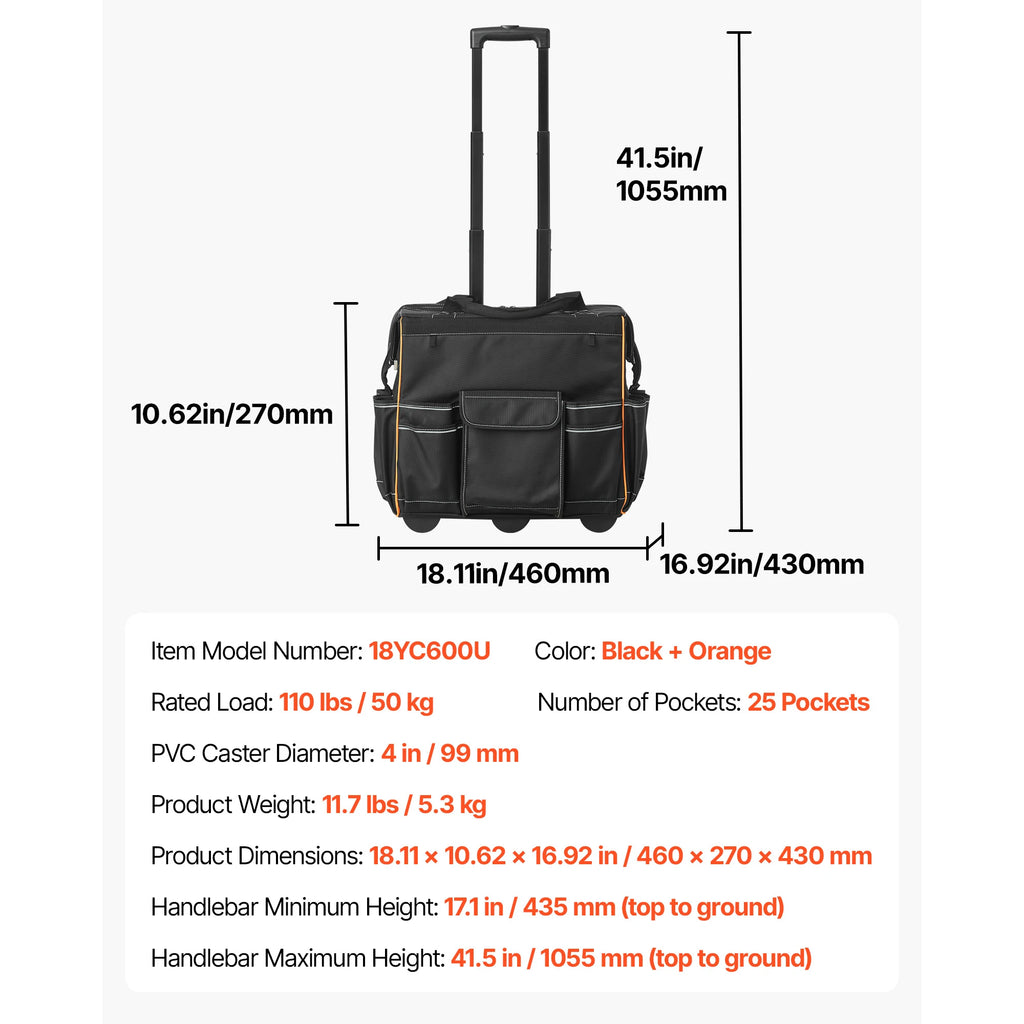 Heavy-Duty Rolling Tool Bag on Wheels with 25 Pockets, 110Lbs Capacity