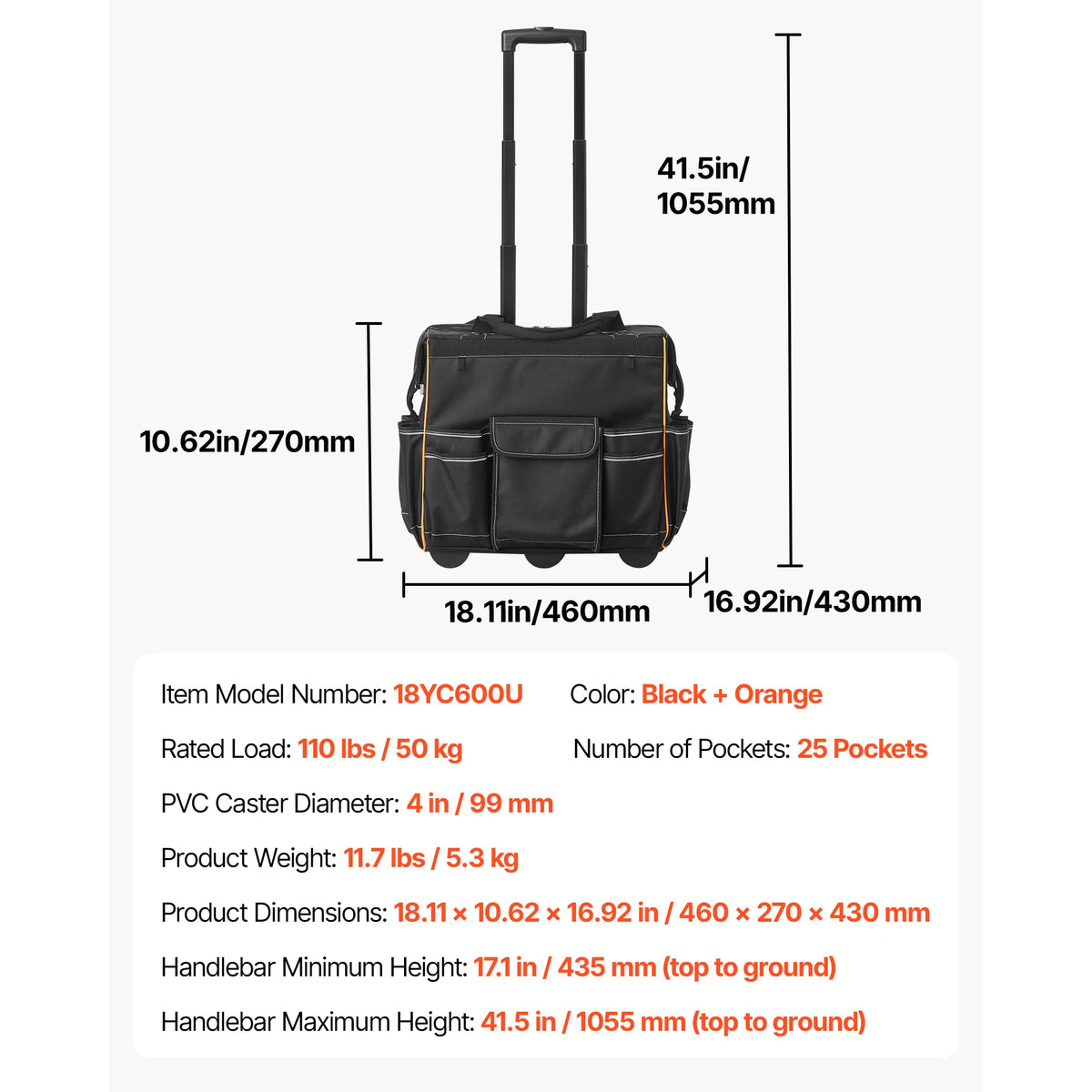 Heavy-Duty Rolling Tool Bag on Wheels with 25 Pockets, 110Lbs Capacity