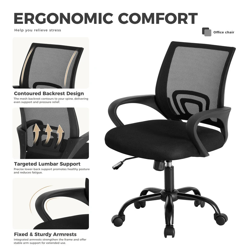 Ergonomic Office Desk Chair with Lumbar Support & Adjustable Height — Breathable Mesh, Rocking Mode, Fixed Armrest